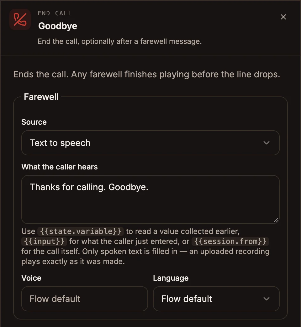 End Call settings panel with a text-to-speech farewell