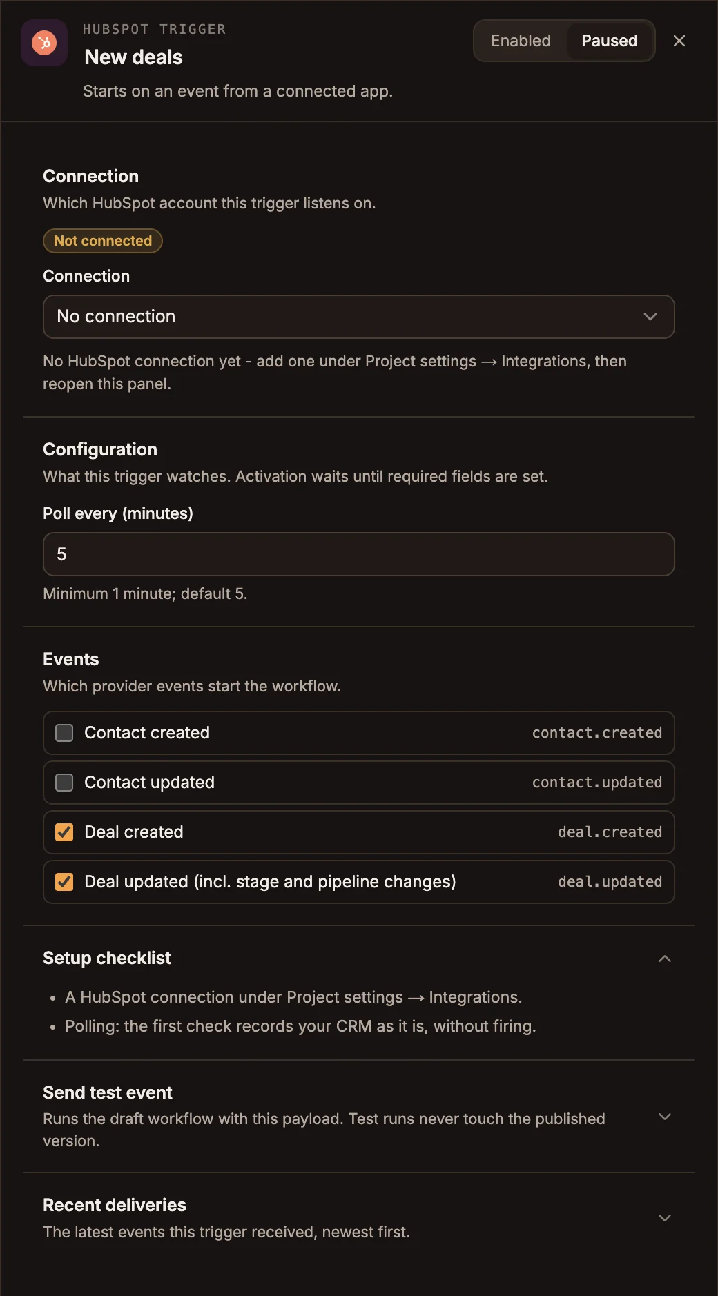 HubSpot Trigger panel with the connection picker, a 5-minute poll interval, and Deal created and Deal updated selected