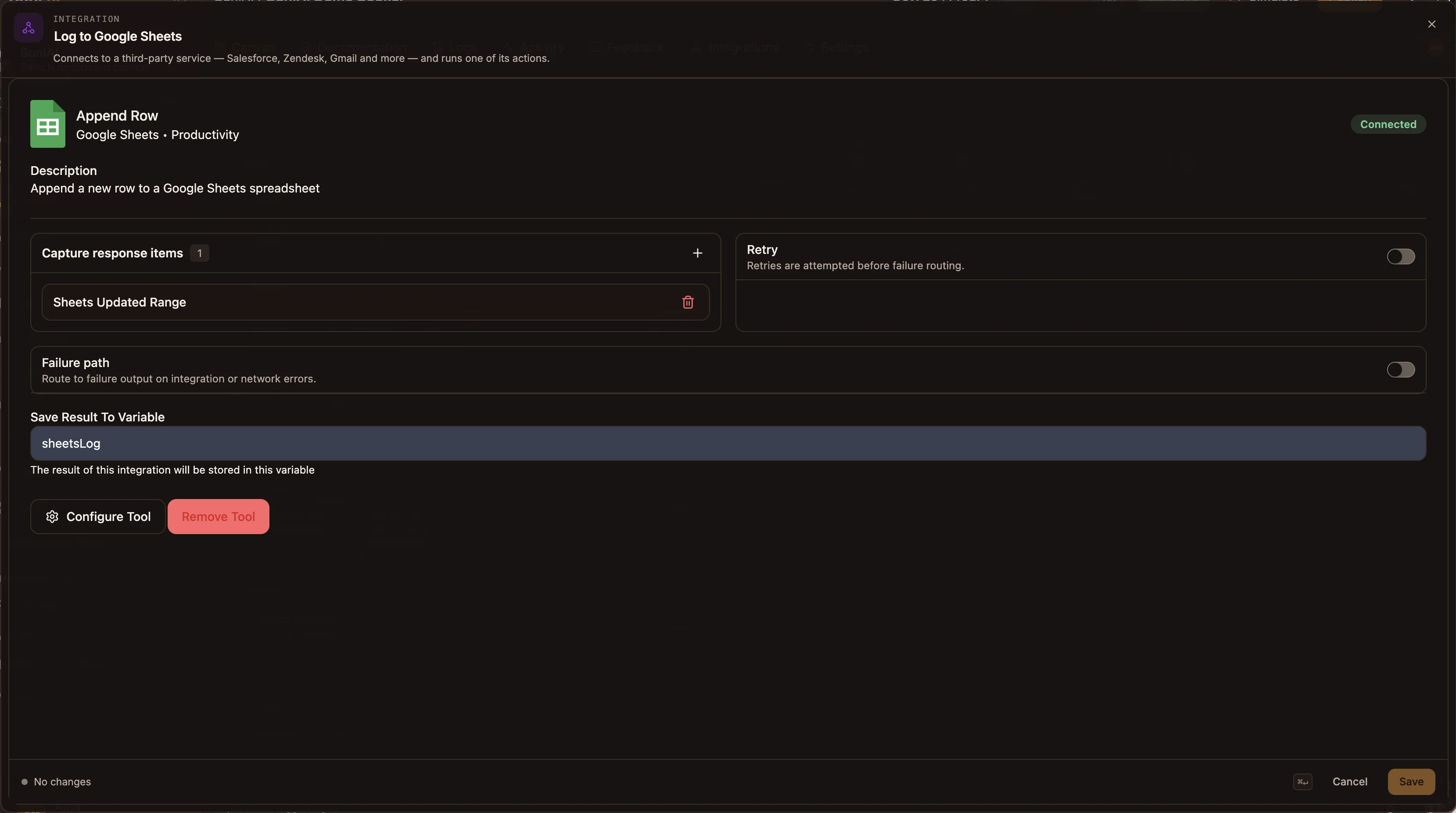 Integration panel showing Google Sheets Append Row, Connected, with Capture response items, Retry and Failure path