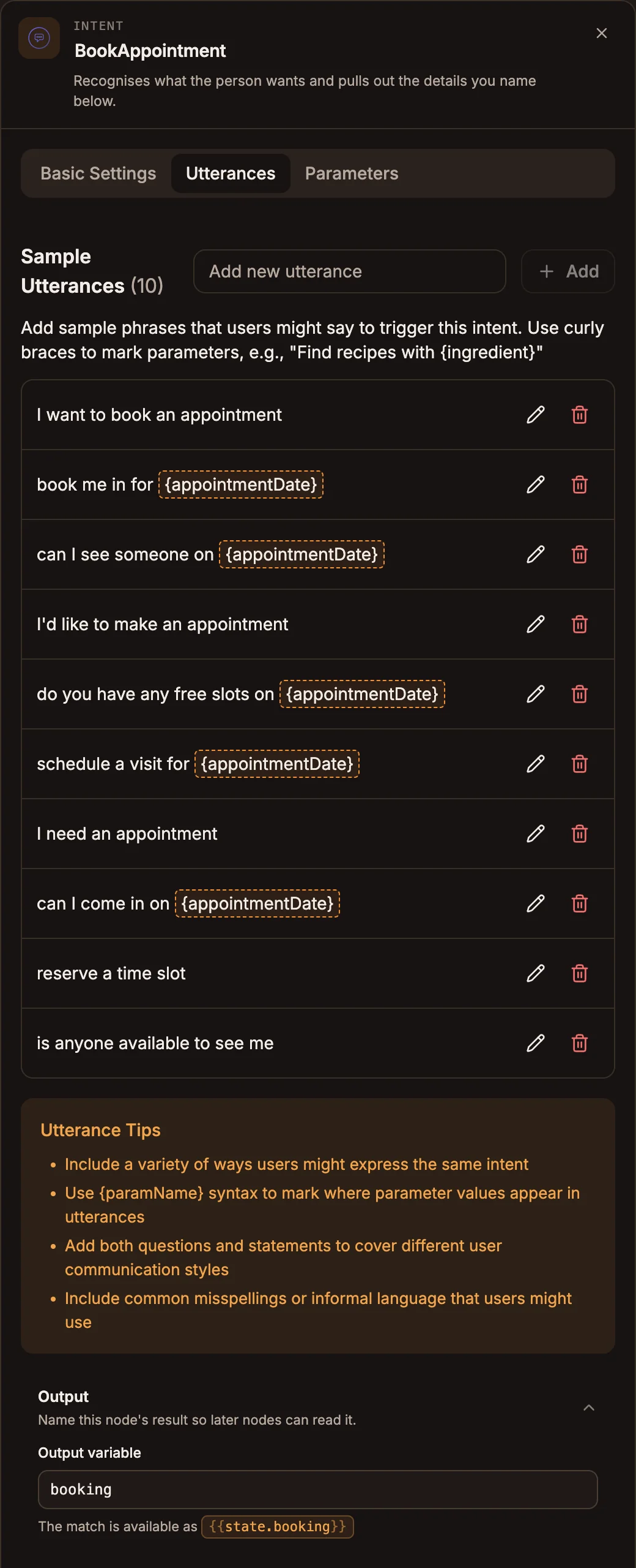 Intent settings panel on the Utterances tab, with sample phrases and a highlighted date parameter