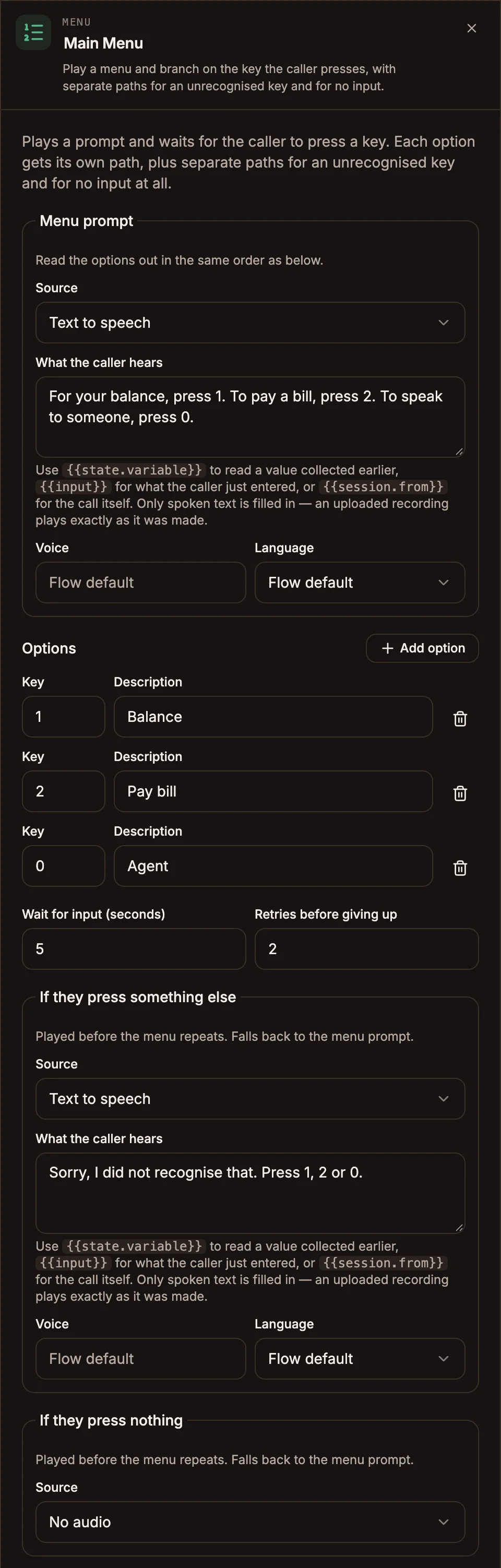 Menu settings panel with a menu prompt, three options, and the retry settings