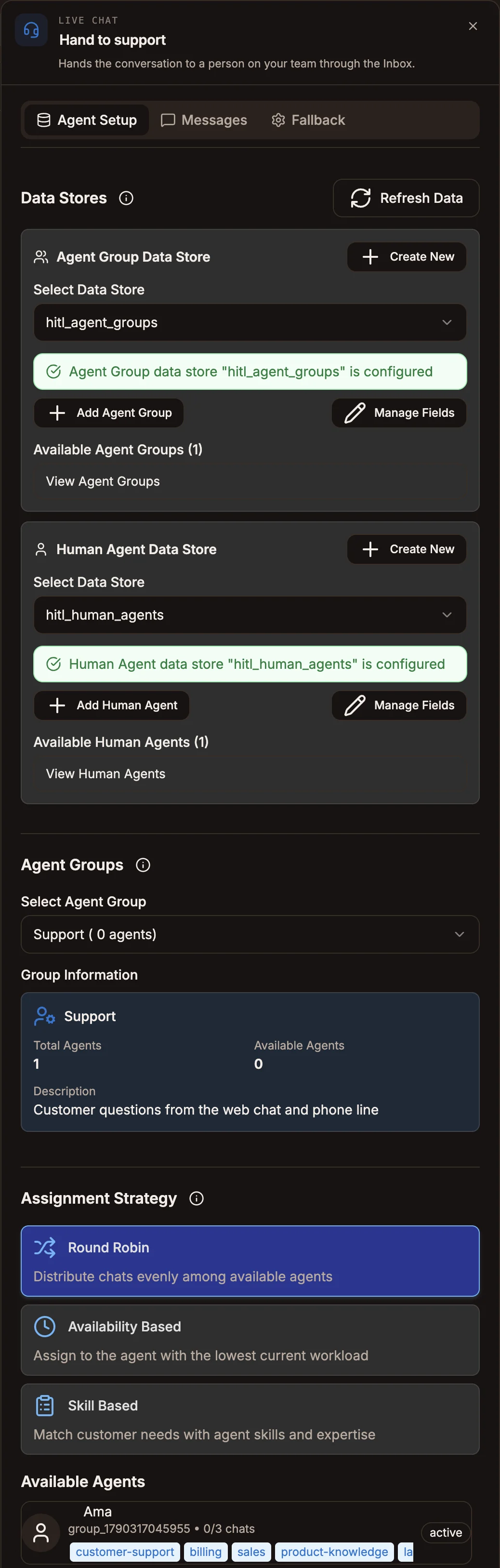 Live Chat settings panel on the Agent Setup tab, with data stores, agent group and assignment strategy set