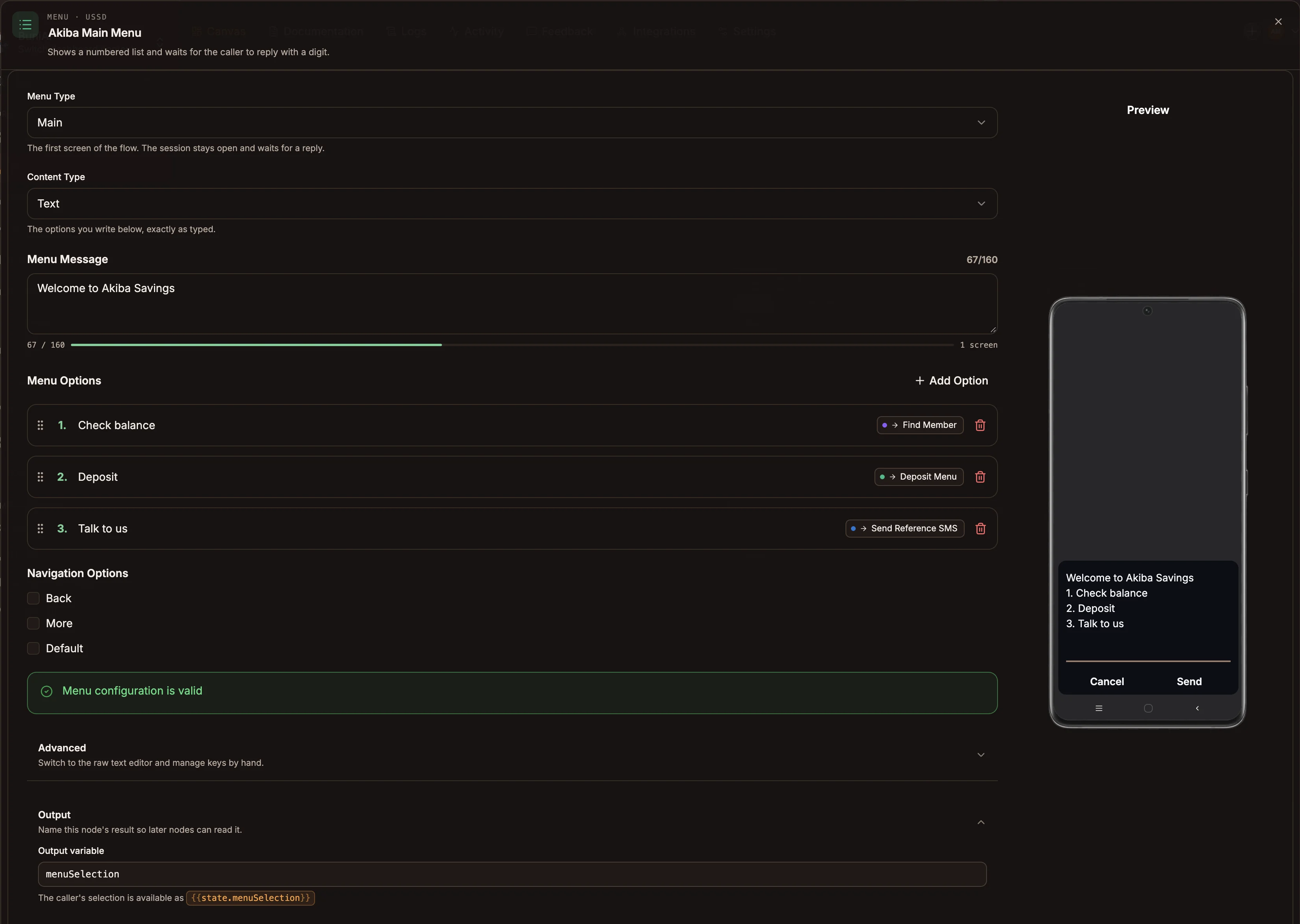 Menu settings panel with a menu message, three options with destinations and the phone preview