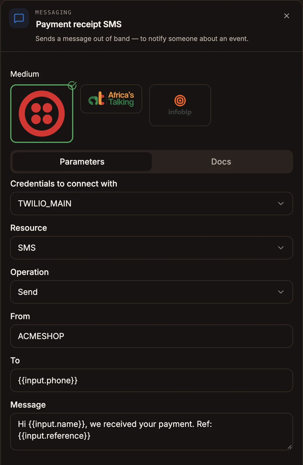 Messaging settings panel with Twilio selected and From, To and Message filled in