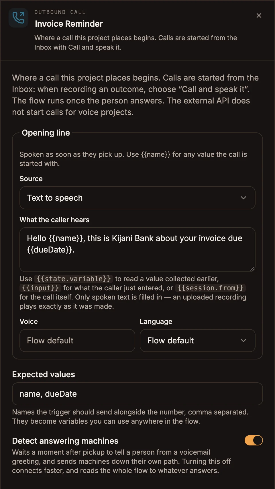 Outbound Call settings panel with an opening line using name and date variables, expected values filled in and Detect answering machines on