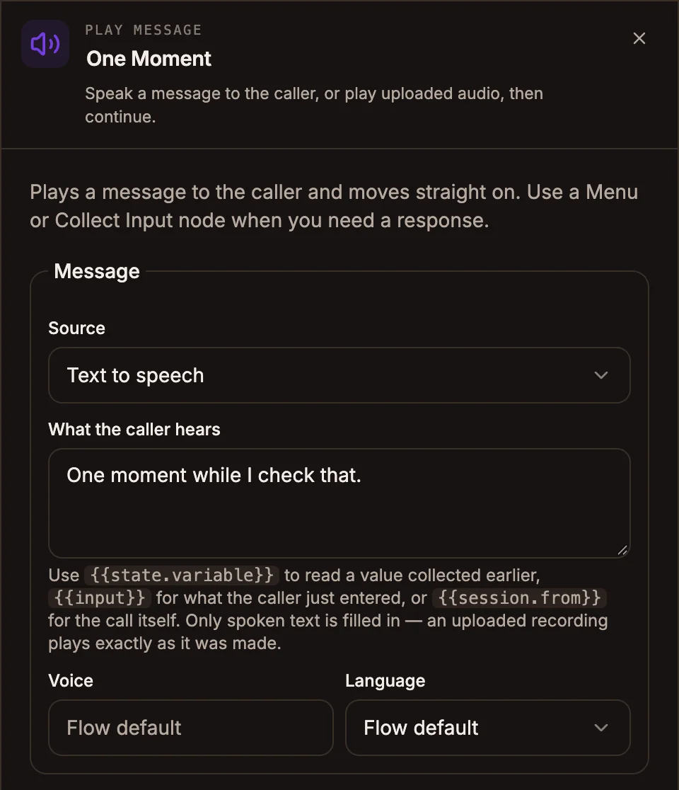 Play Message settings panel with the Message section set to Text to speech