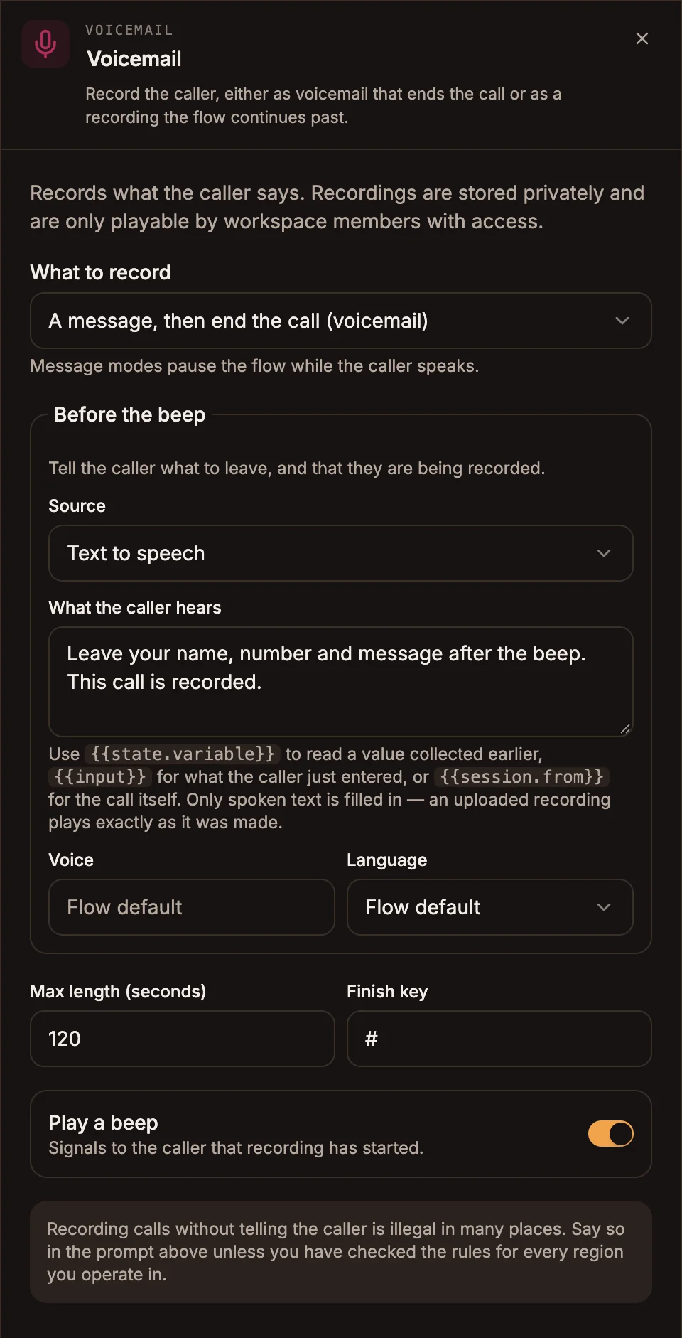 Record settings panel in voicemail mode with a prompt, max length and finish key