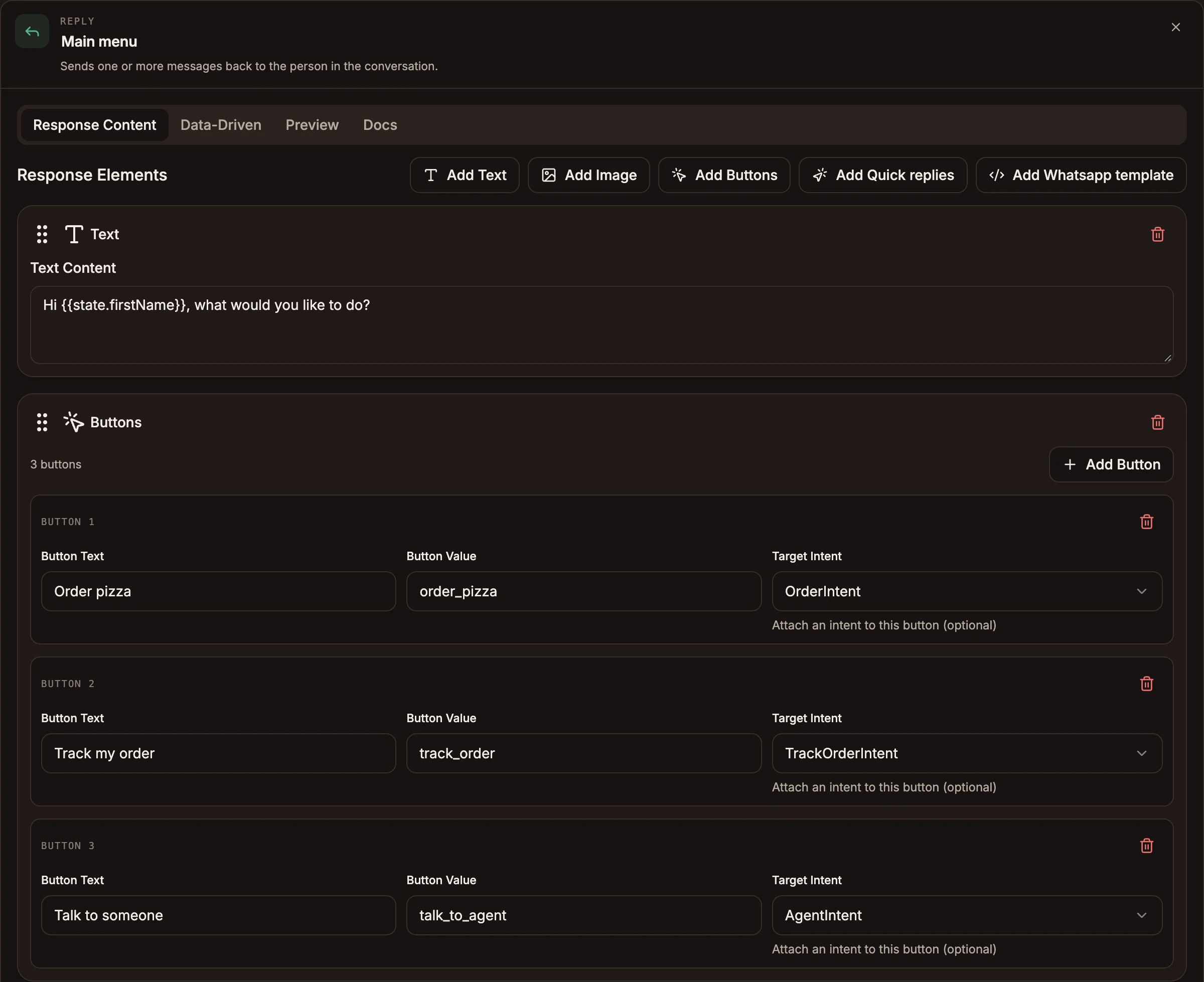 Reply settings panel on the Response Content tab with a text element and a buttons element