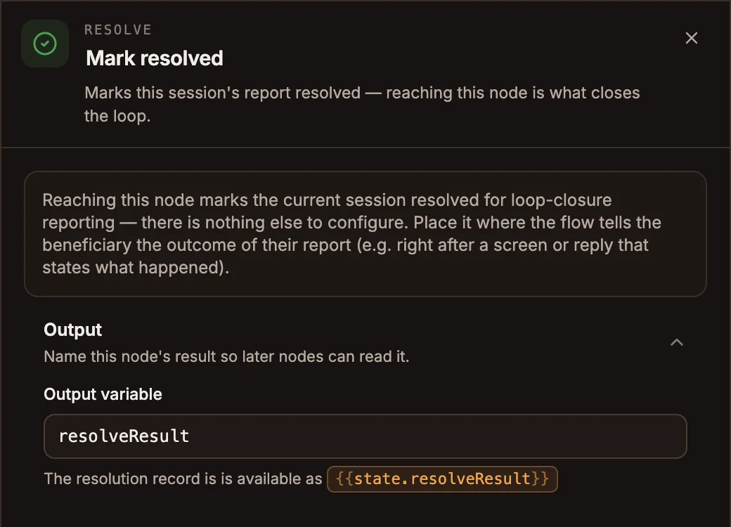 Resolve settings panel explaining that reaching the node marks the session resolved