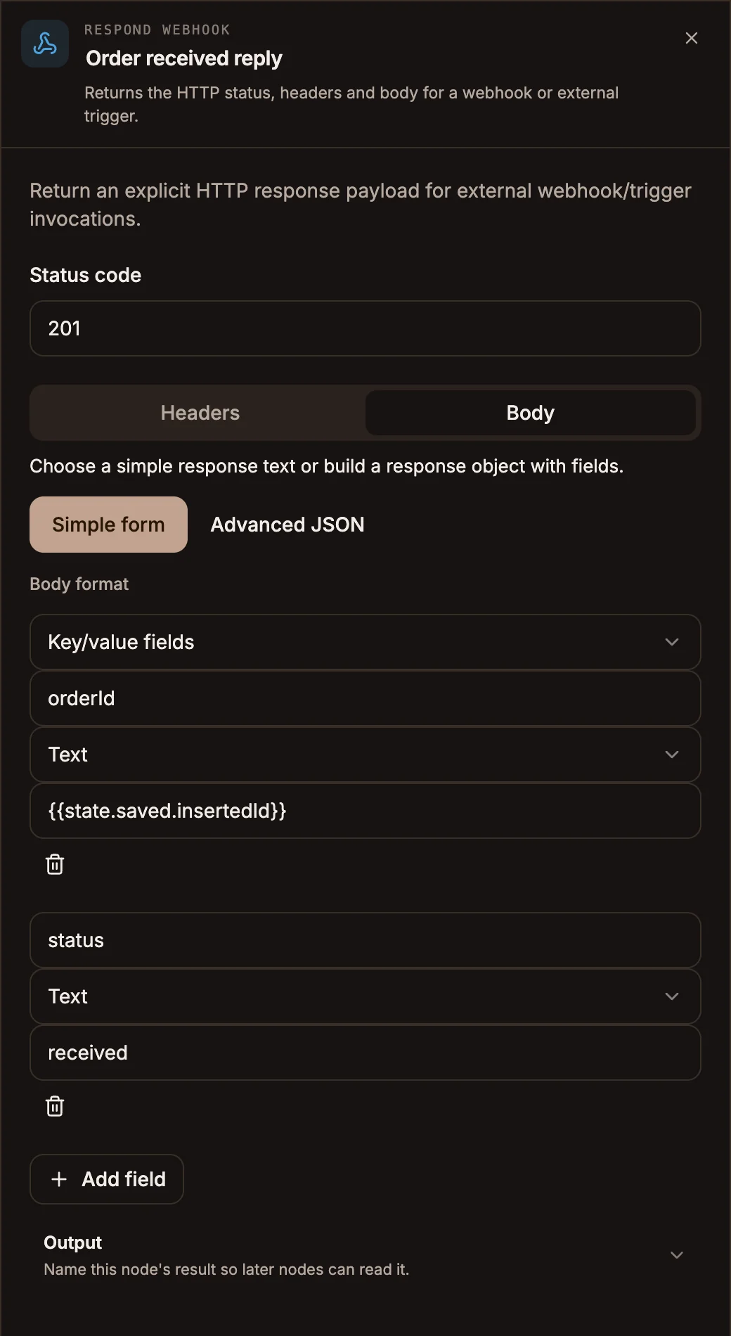 Respond Webhook settings with Status code 201, Headers in Simple form, and a Body built from key/value fields
