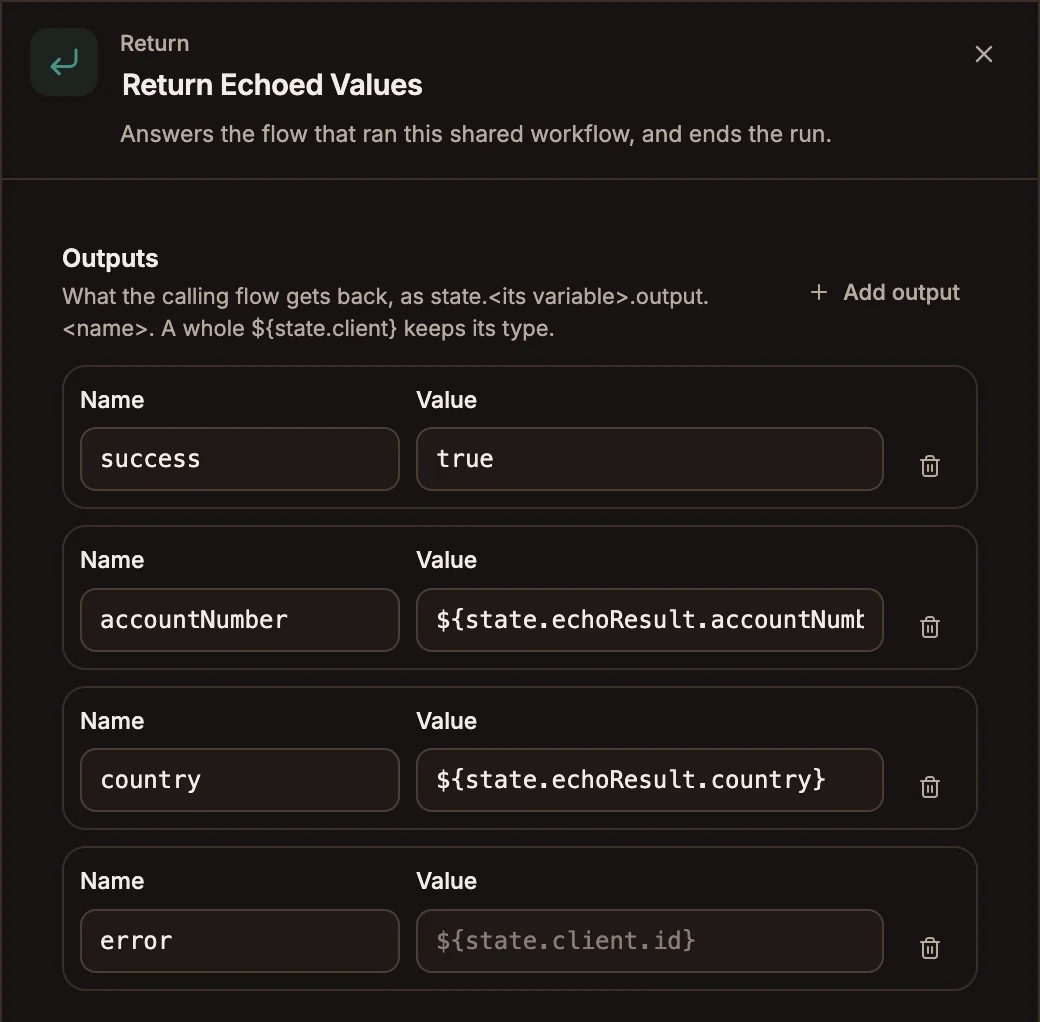Return settings with four outputs: success, accountNumber, country and error