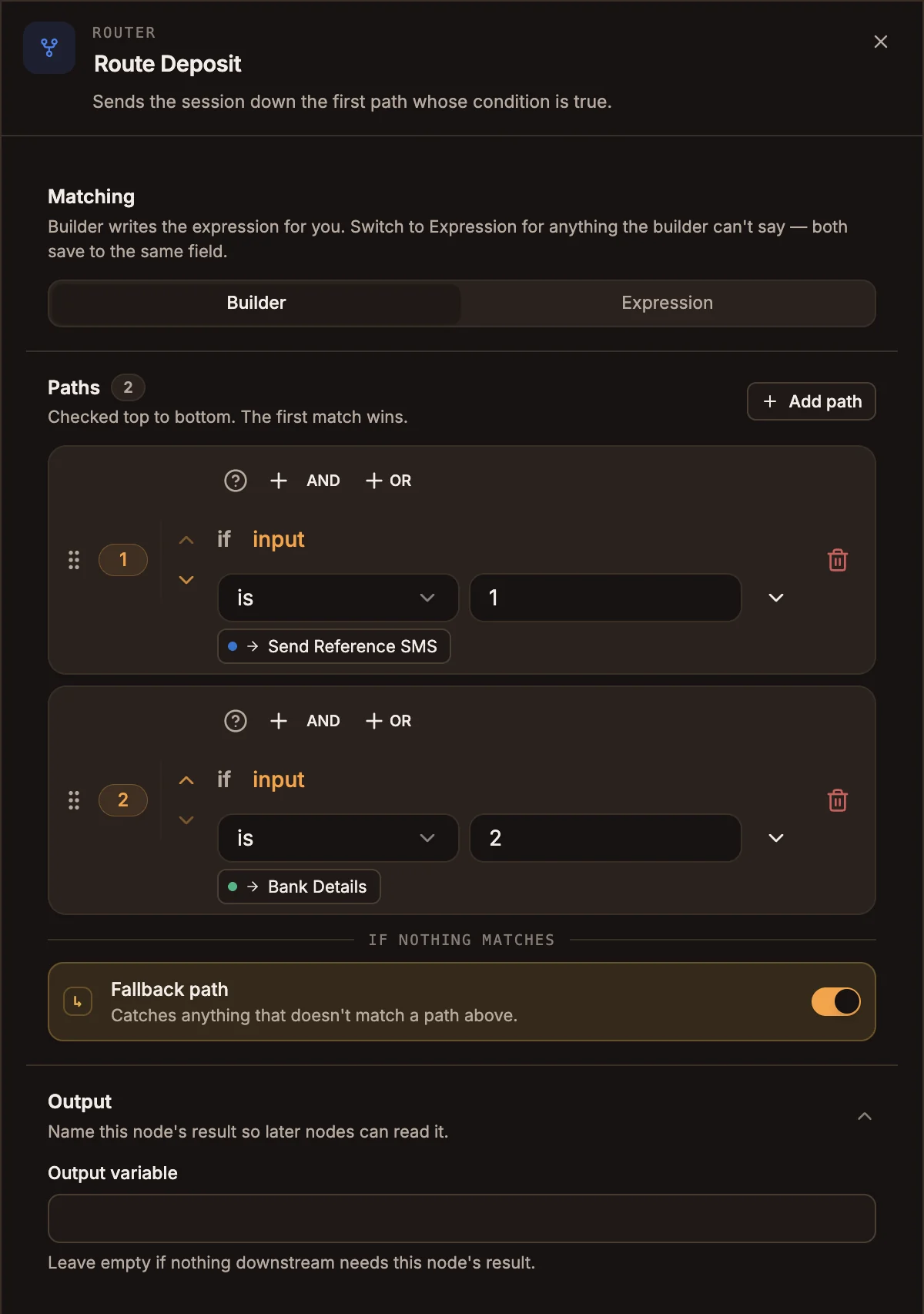 Router settings panel in Builder mode with two paths and the fallback path switched on