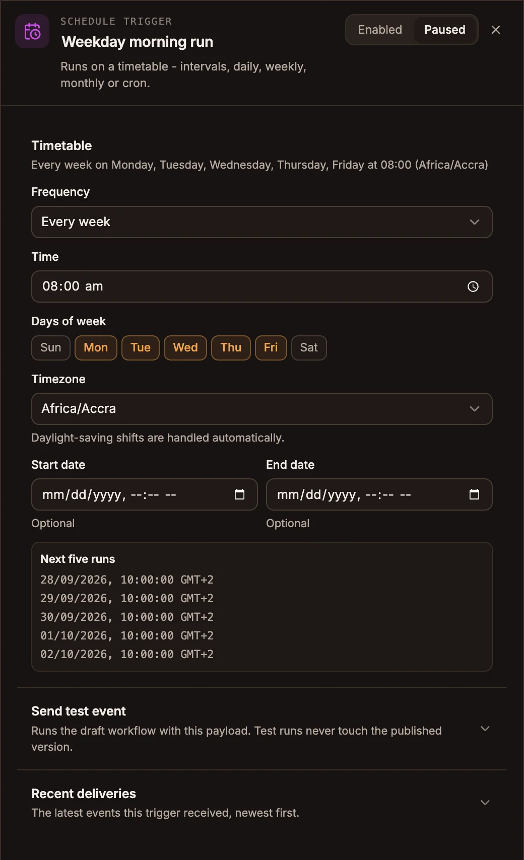 Schedule Trigger panel: every week on Monday to Friday at 08:00 in Africa/Accra, with the next five runs listed