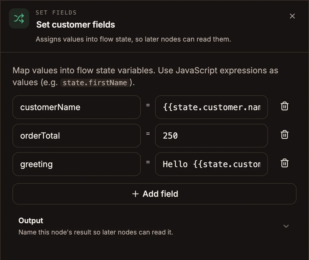 Set Fields panel with three field rows: customerName, orderTotal and greeting