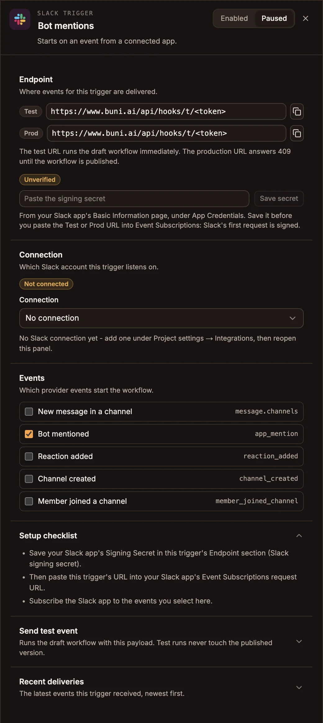 Slack Trigger panel with its endpoint URLs, the Slack signing secret field and Save secret button, five events with Bot mentioned selected, and the setup checklist