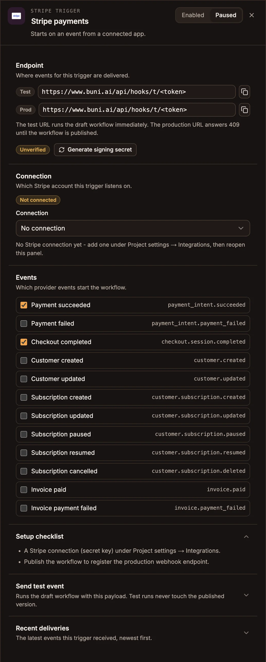 Stripe Trigger panel with its endpoint URLs, the Stripe connection picker, twelve events with two selected, and the setup checklist