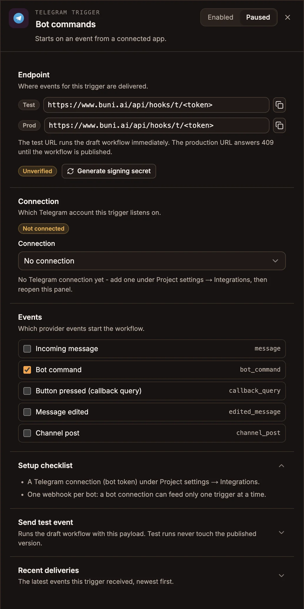 Telegram Trigger panel with its endpoint URLs, the Telegram connection picker, five events with Bot command selected, and the setup checklist