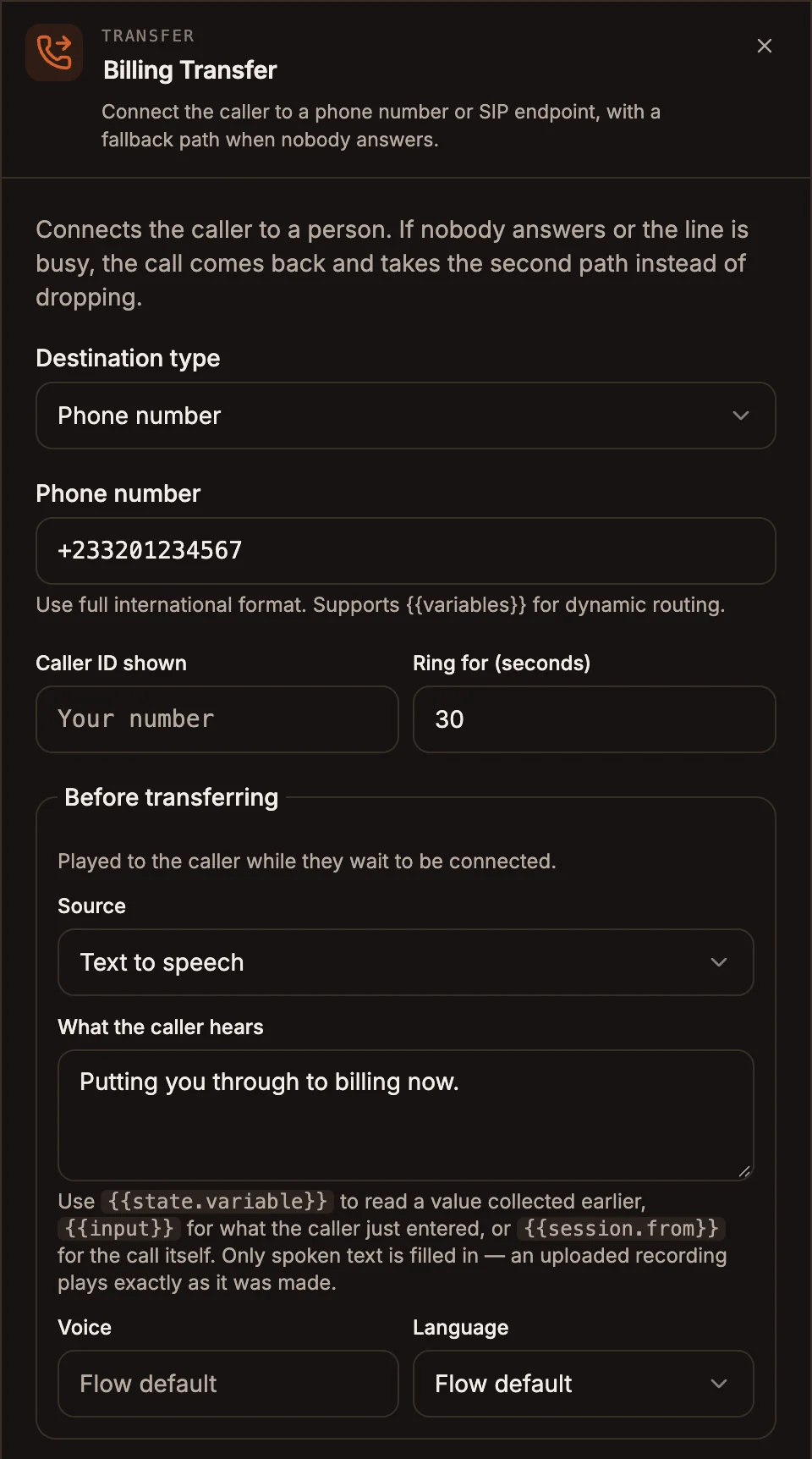 Transfer settings panel with Destination type set to Phone number