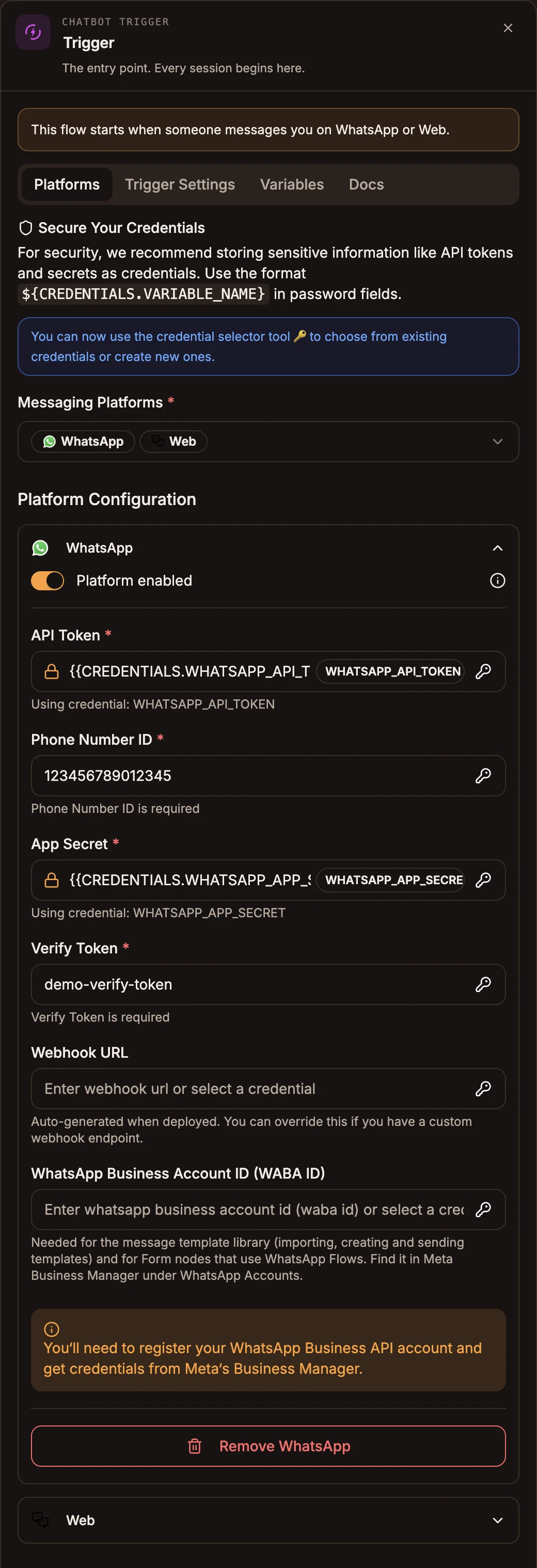 Trigger settings panel on the Platforms tab with WhatsApp and Web selected and the WhatsApp configuration expanded