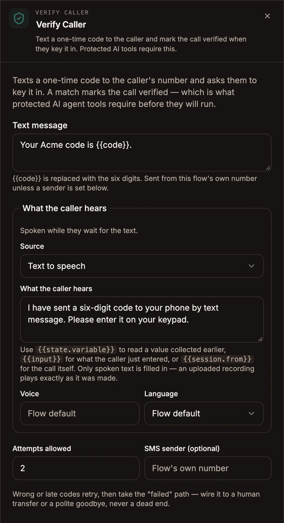 Verify Caller settings panel with the text message, spoken prompt, attempts and sender fields