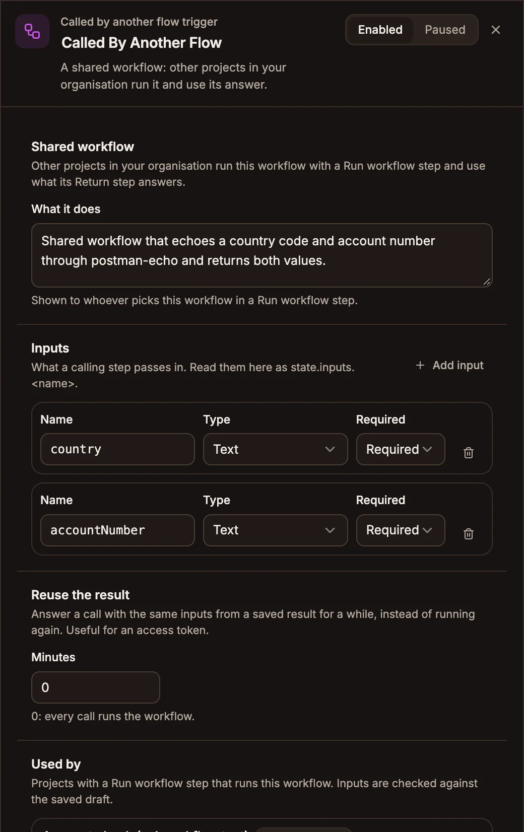 Called by another flow settings with What it does filled in, two required Text inputs, country and accountNumber, Reuse the result at 0 minutes, and the start of the Used by list