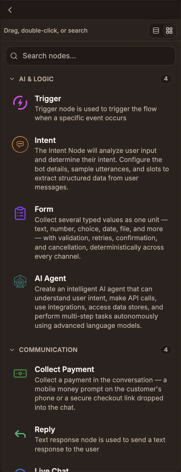 The Nodes Library panel in expanded view, with nodes grouped by category and a search box at the top