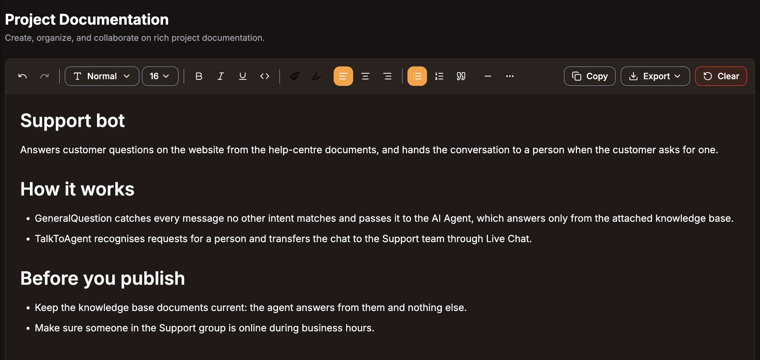 The Documentation tab with the formatting toolbar and a project write-up