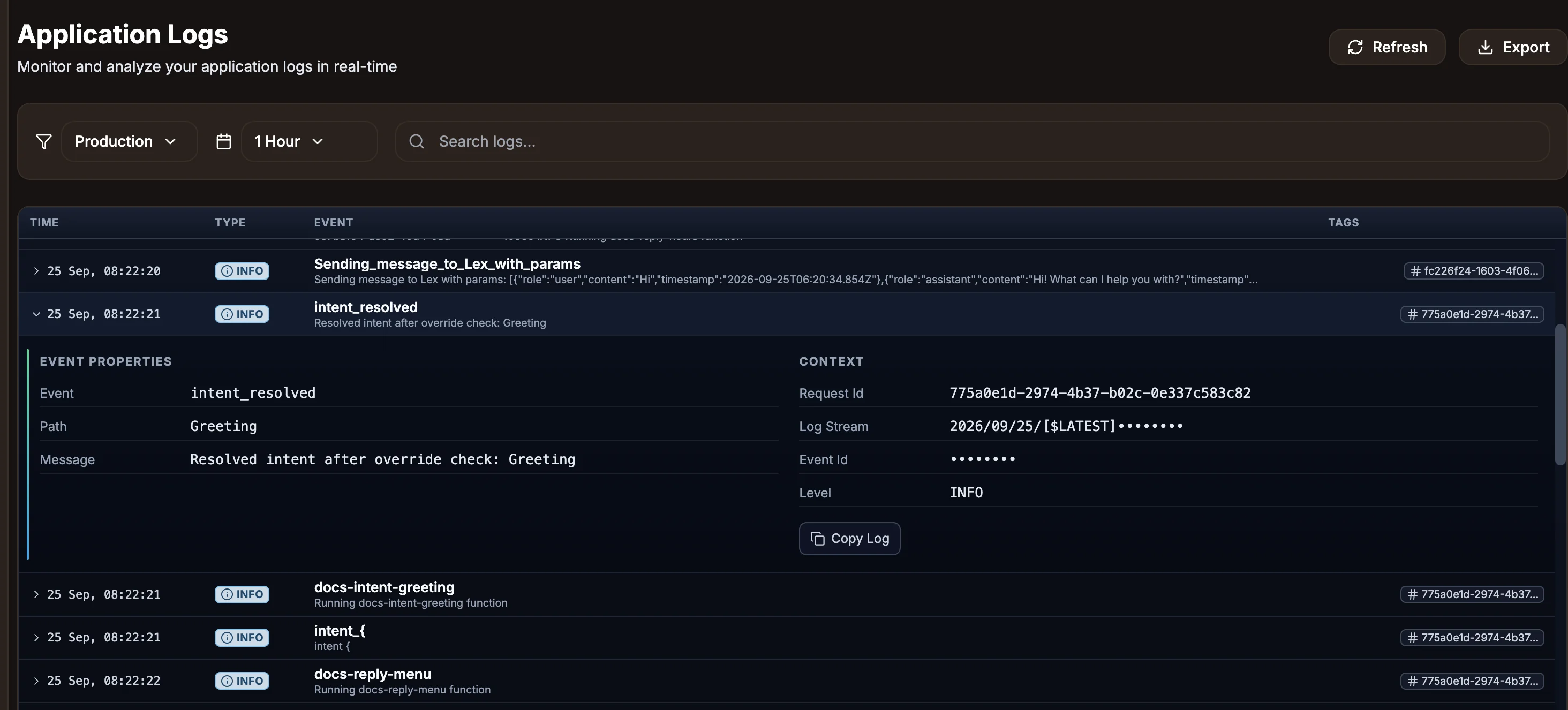 The Logs tab with environment and time filters, a search box and a list of log events, one expanded to show its properties