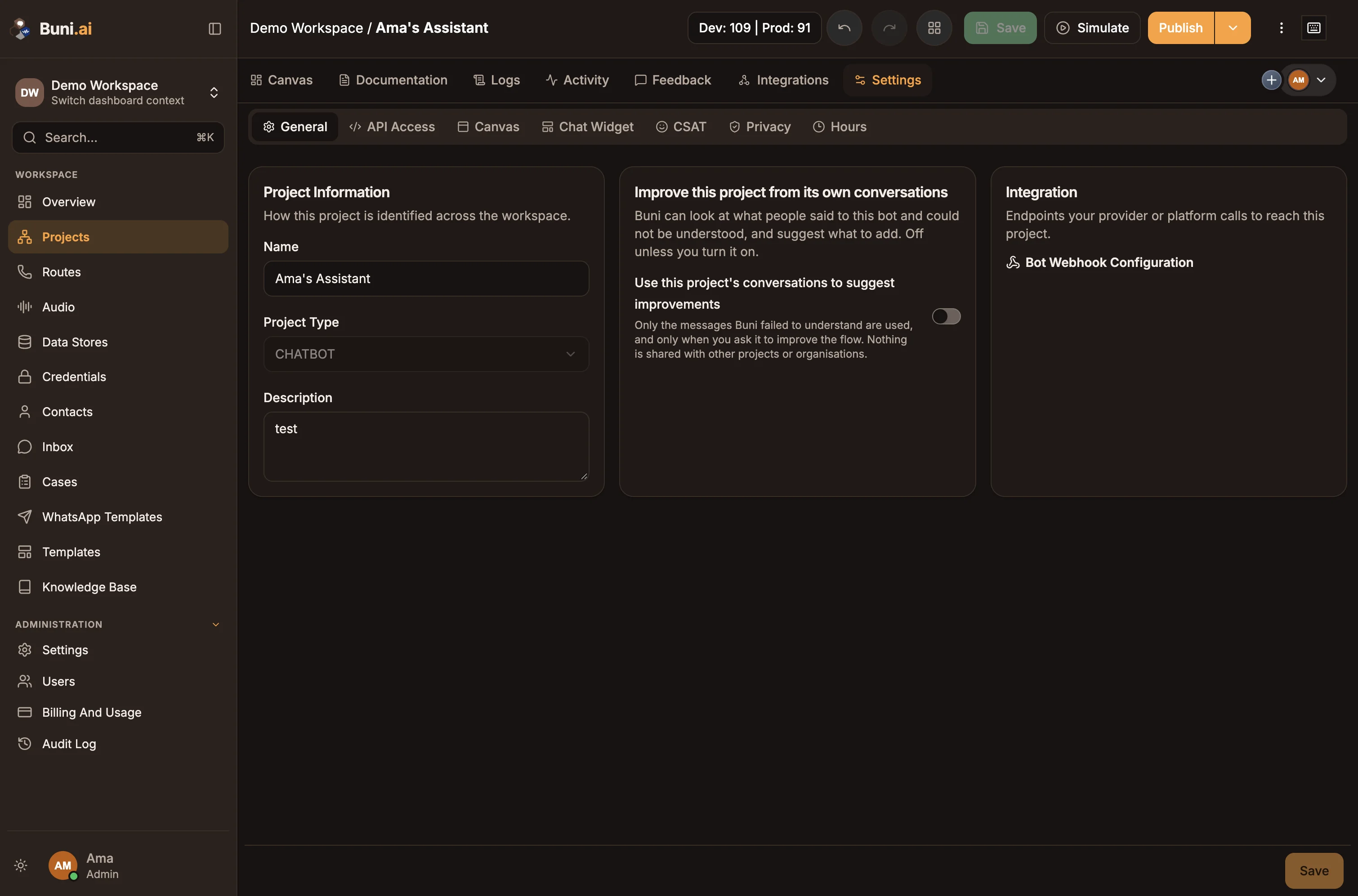 The project Settings tab showing the General sub-tab and the list of sub-tabs