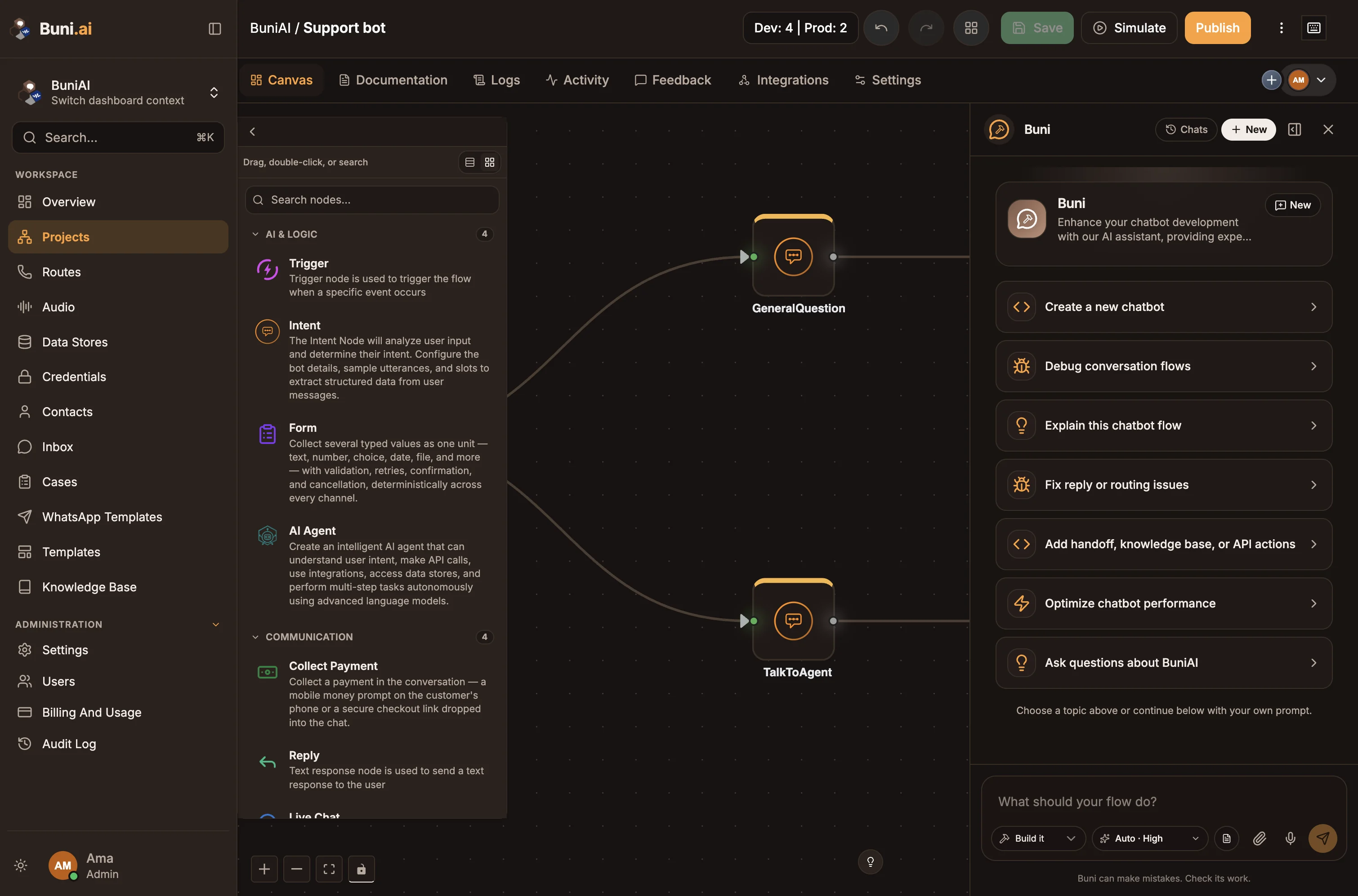A chatbot project open on the Buni.ai canvas, with Buni, the AI assistant, open in the side panel