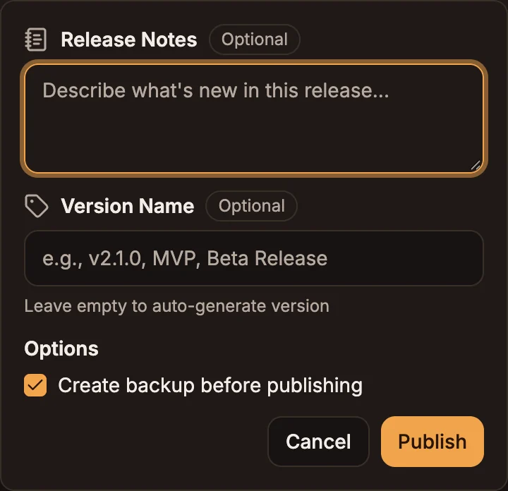 The Publish panel with Release Notes, Version Name and the Create backup before publishing option