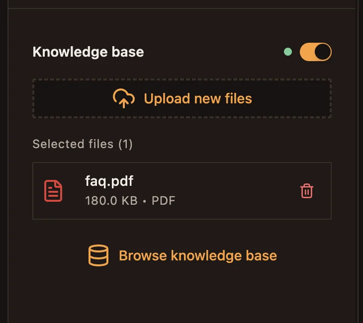 The AI Agent node panel with the Knowledge base switch on and a document attached