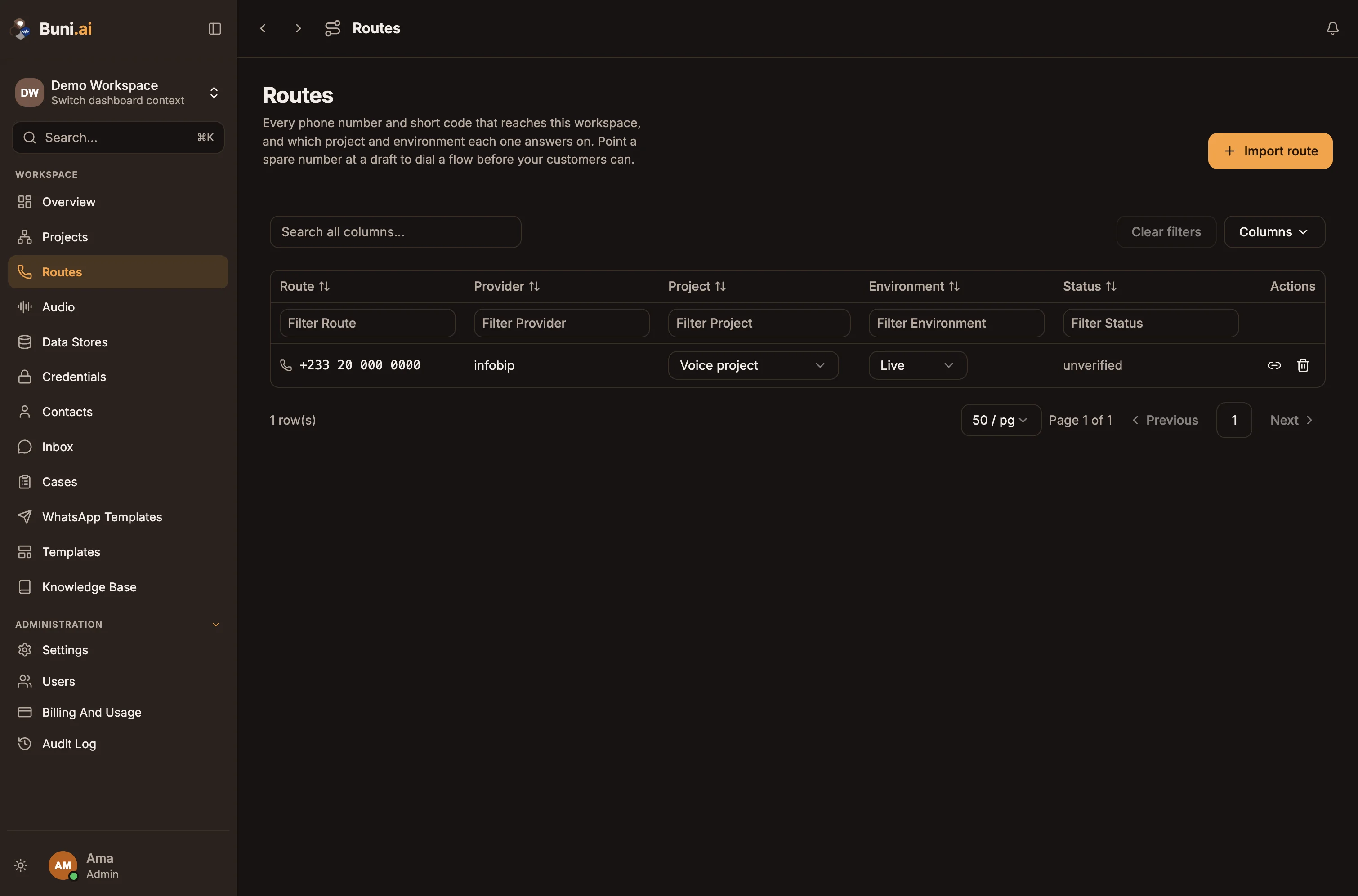The Routes page with a demo short code and a demo phone number, each linked to a project with Live or Draft environment