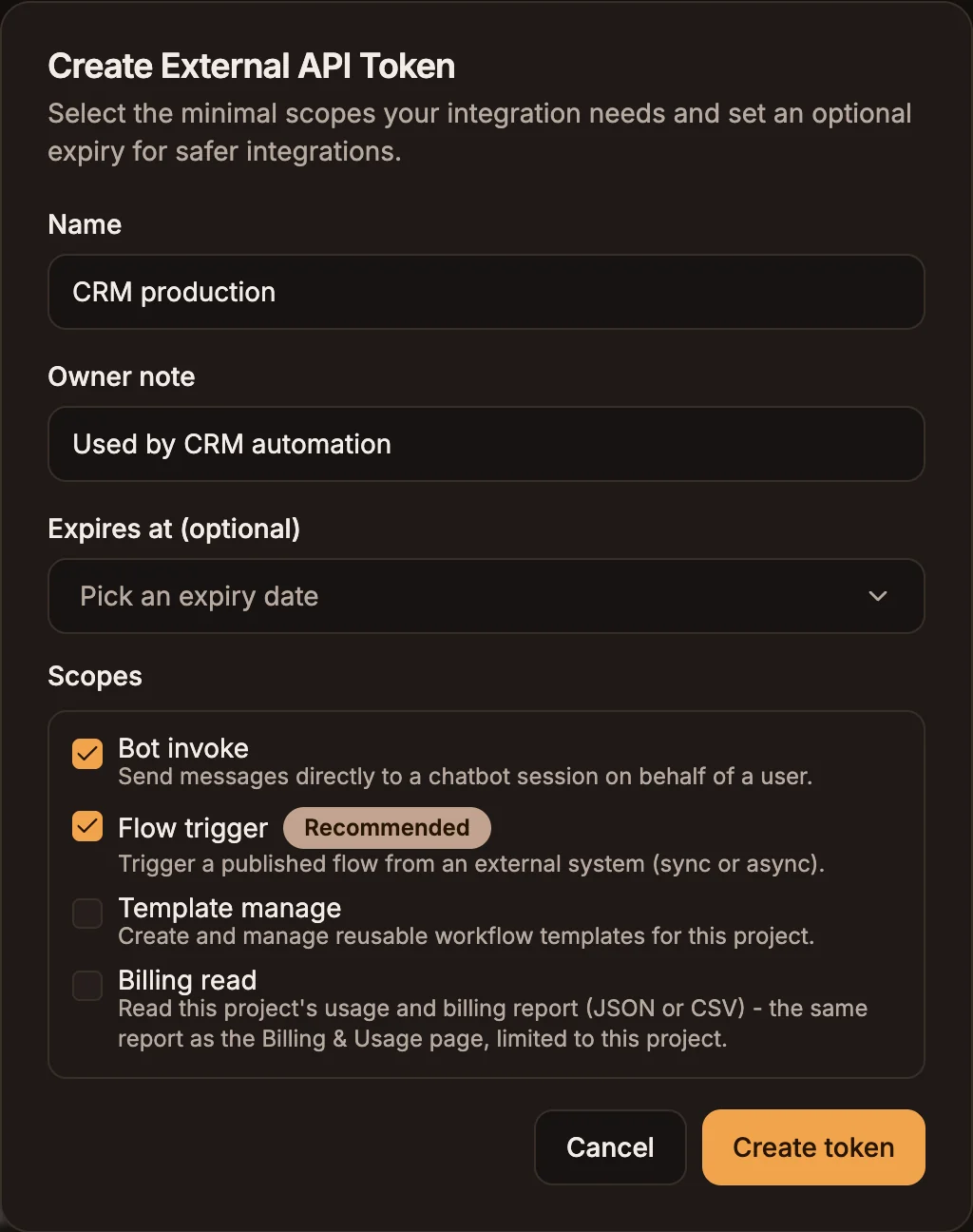 The Create External API Token dialog with name, owner note, expiry and scope checkboxes
