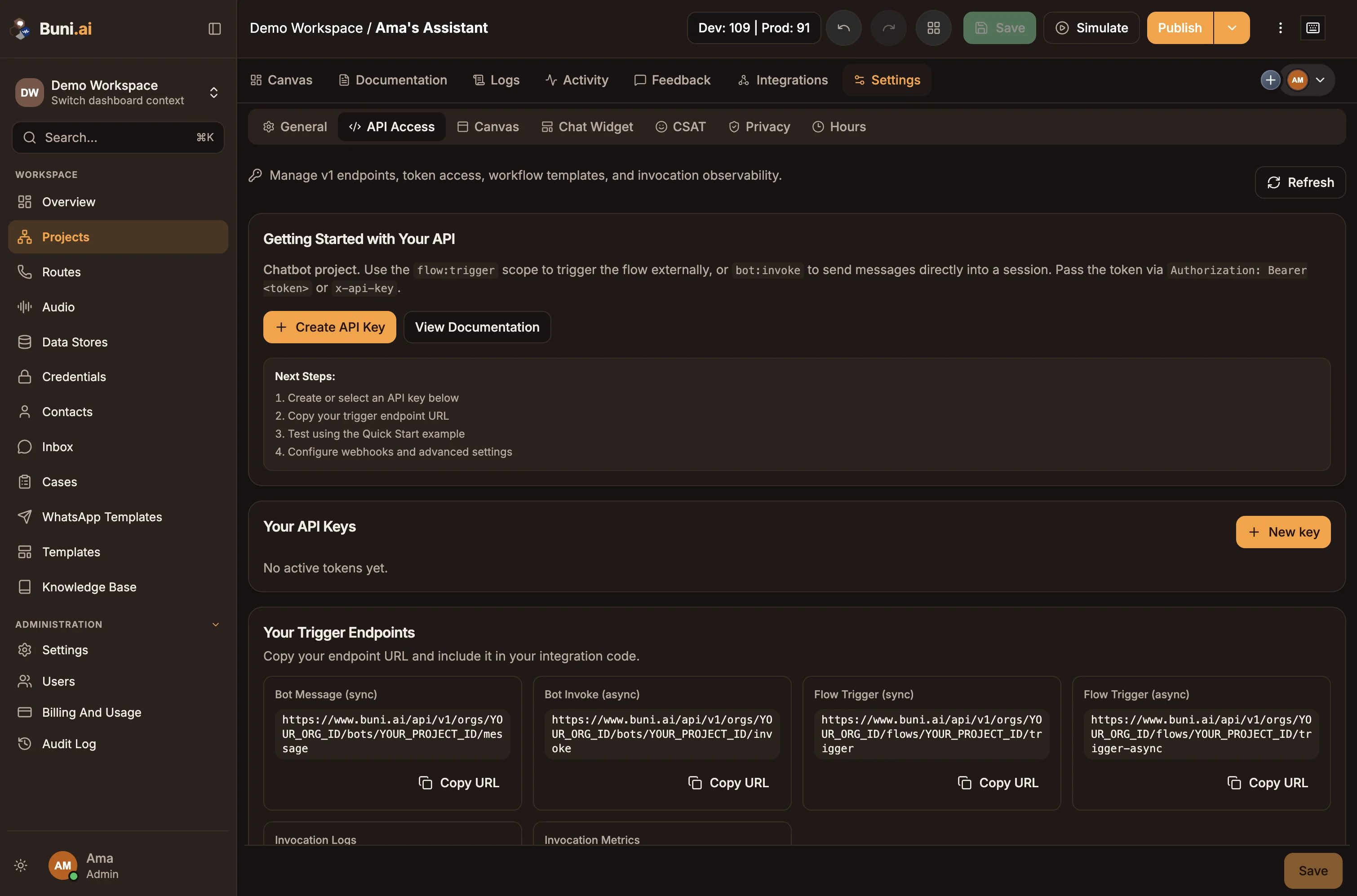 The API Access tab of a chatbot project, showing Your API Keys and Your Trigger Endpoints