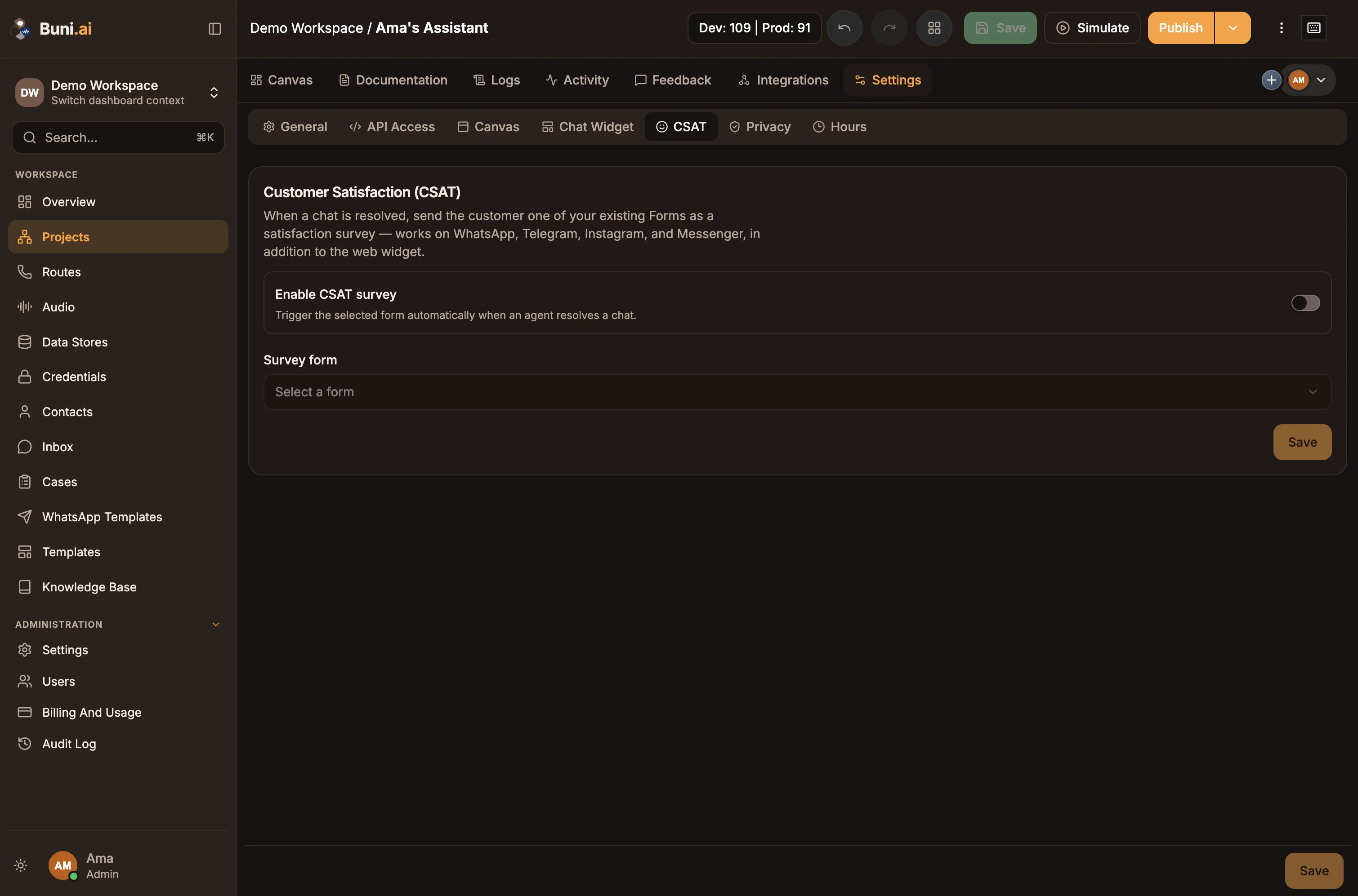 The Customer Satisfaction (CSAT) settings tab with a survey form and rating field selected