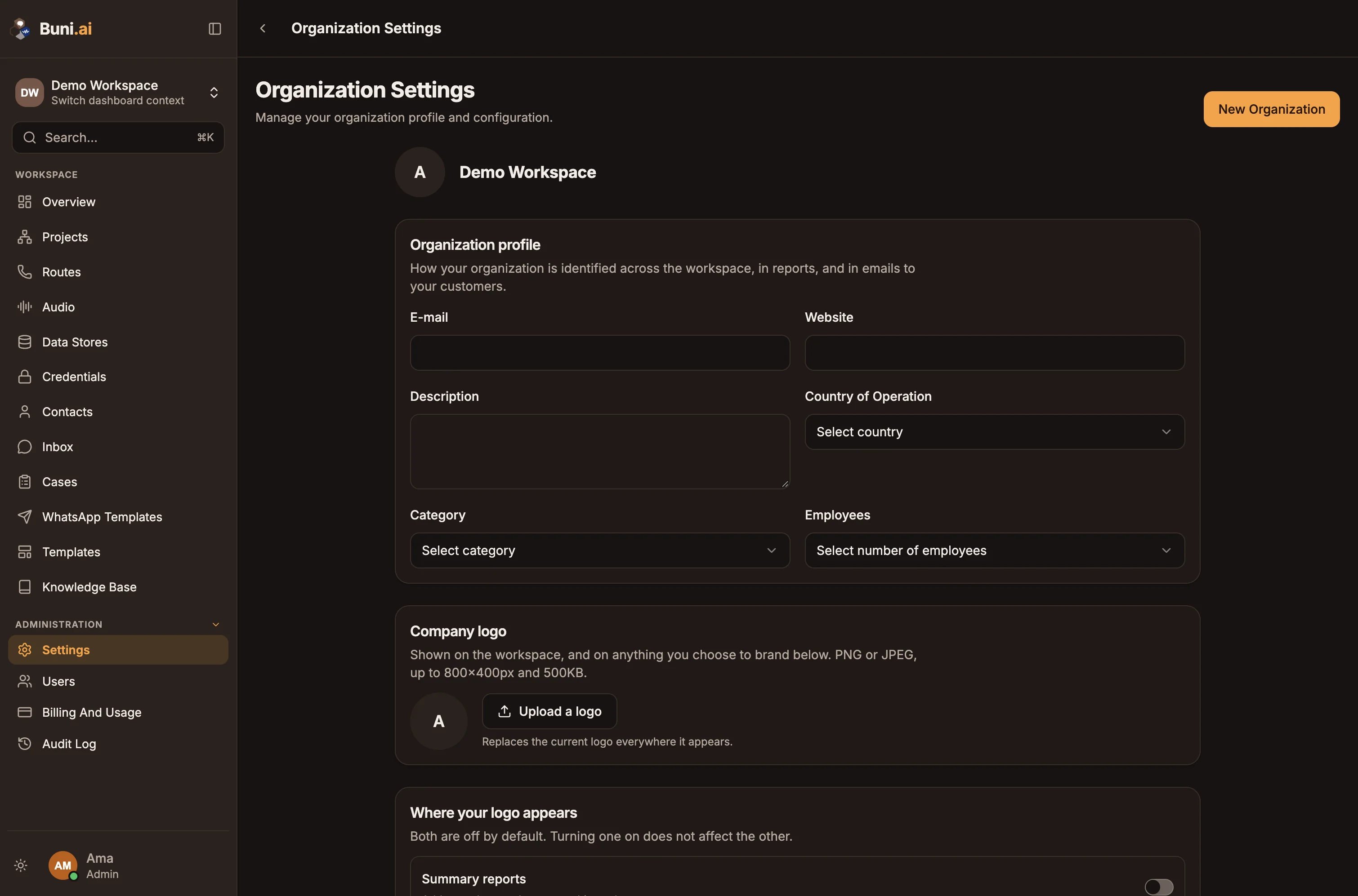 The Organization Settings page with the organization profile, company logo and email notification sections