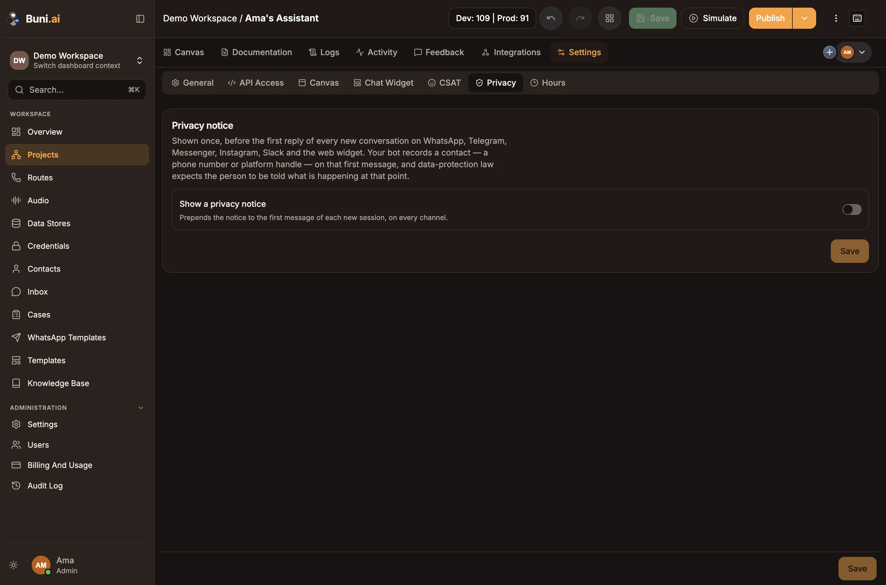 The Privacy notice settings tab with the notice turned on, demo notice text and a privacy policy link