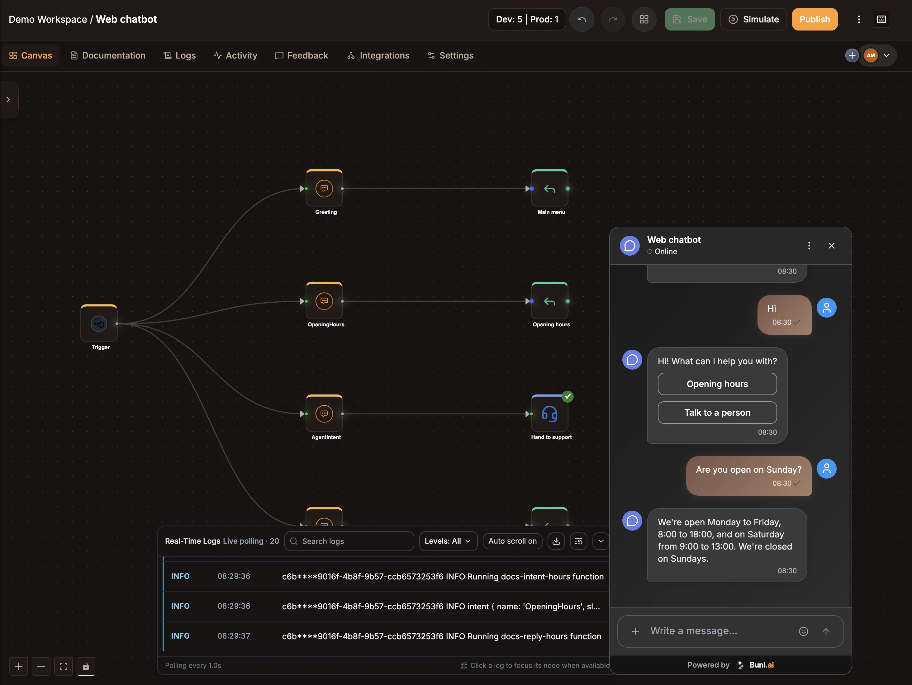 The chatbot simulator open over the canvas with a conversation and highlighted nodes