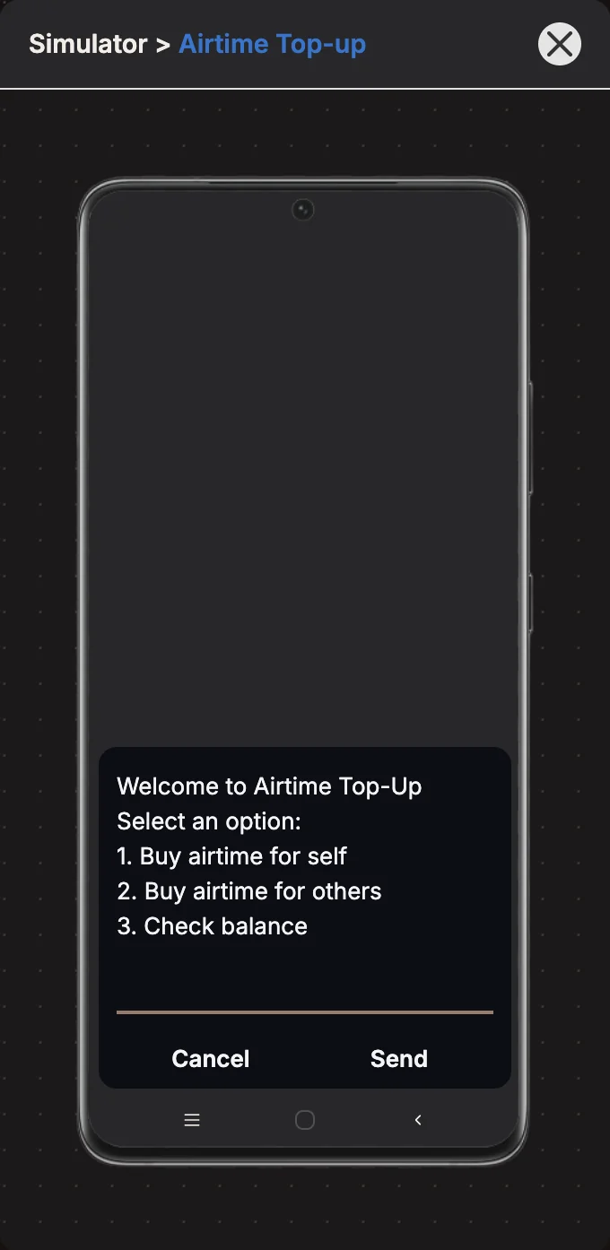 The USSD phone emulator showing a menu from the flow