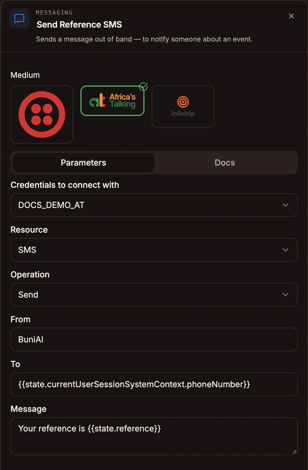 The Messaging node's settings with Africa's Talking selected as the medium and the Credentials, Resource, Operation, From, To and Message fields
