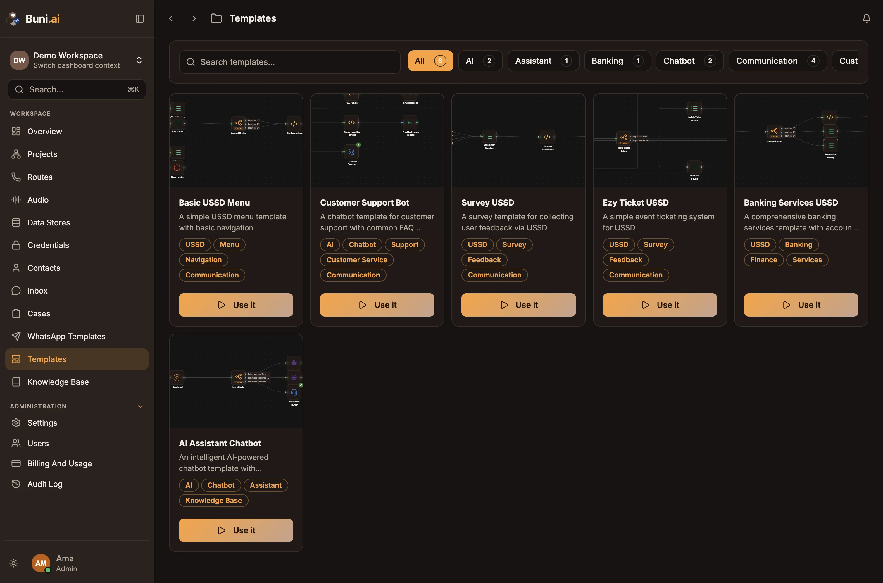 The Templates page with a grid of template cards and category filters
