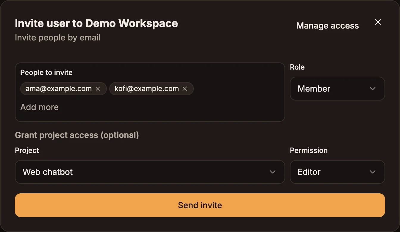 The invite dialog with two demo email addresses, the Member role and a project permission selected