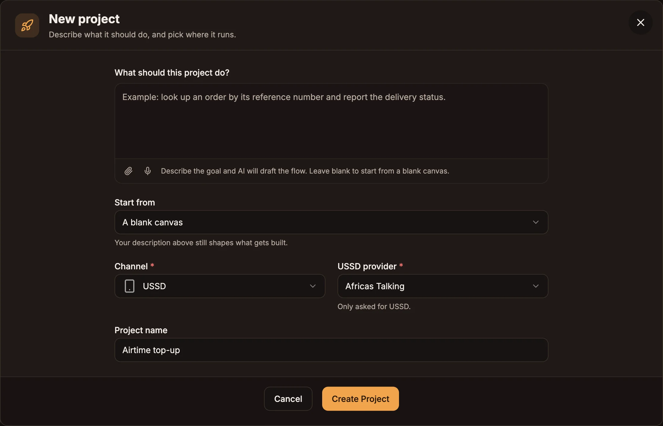 The New project dialog with Channel set to USSD and the USSD provider field showing