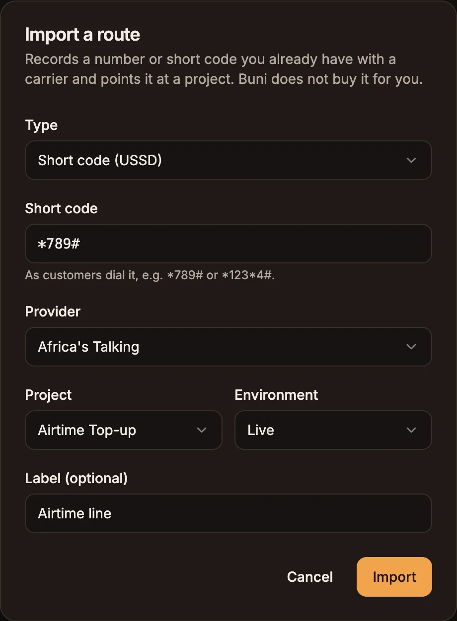 The Import a route dialog with Type set to Short code (USSD), a short code of *789#, and Provider, Project and Environment filled in