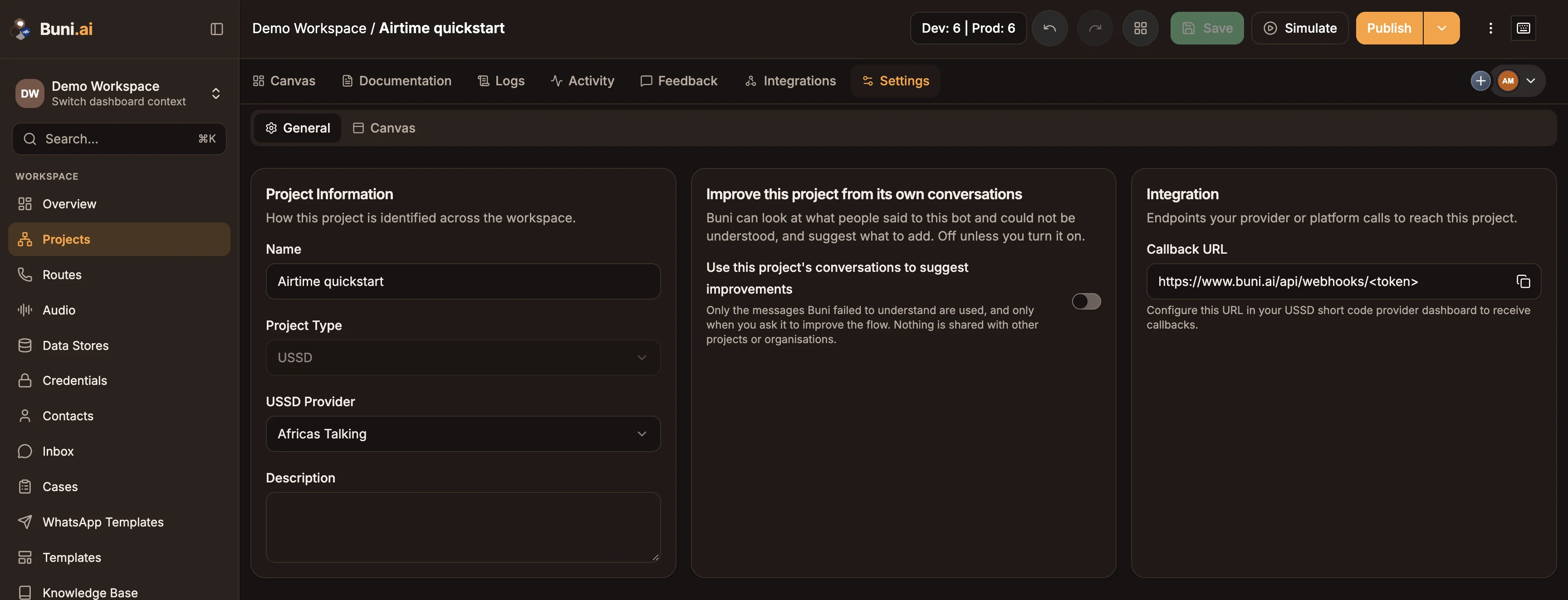 The General settings of a published USSD project, with the USSD Provider field and the Integration section showing the Callback URL