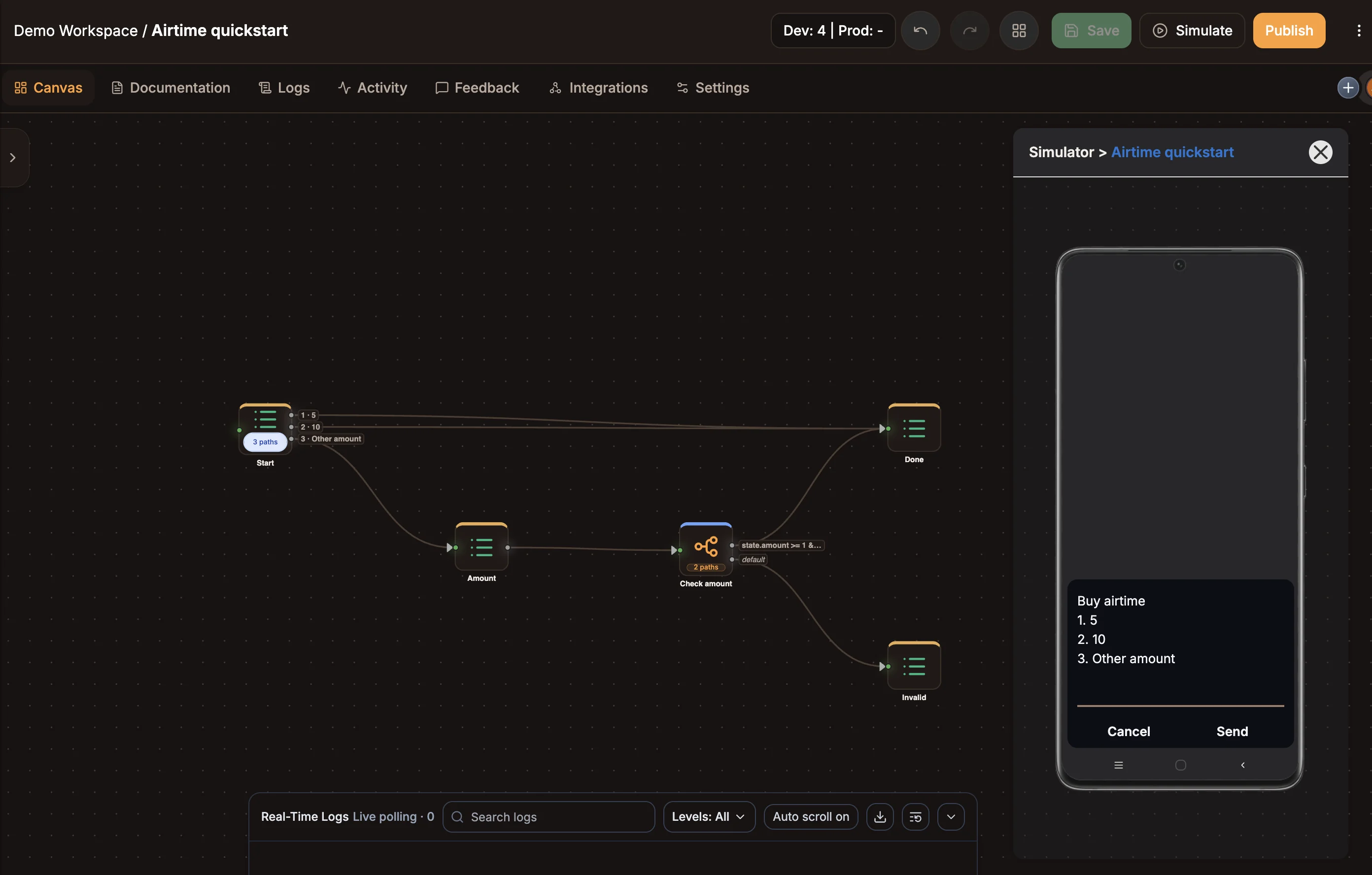 The USSD simulator beside the canvas, showing the Buy airtime menu with a reply field and Cancel and Send buttons