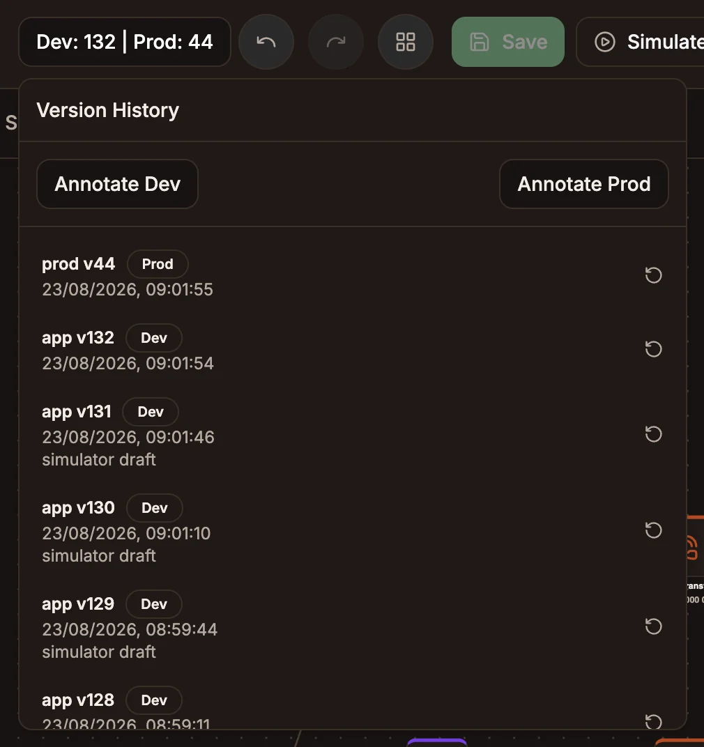 The Version History list opened from the version badge, with Dev and Prod entries