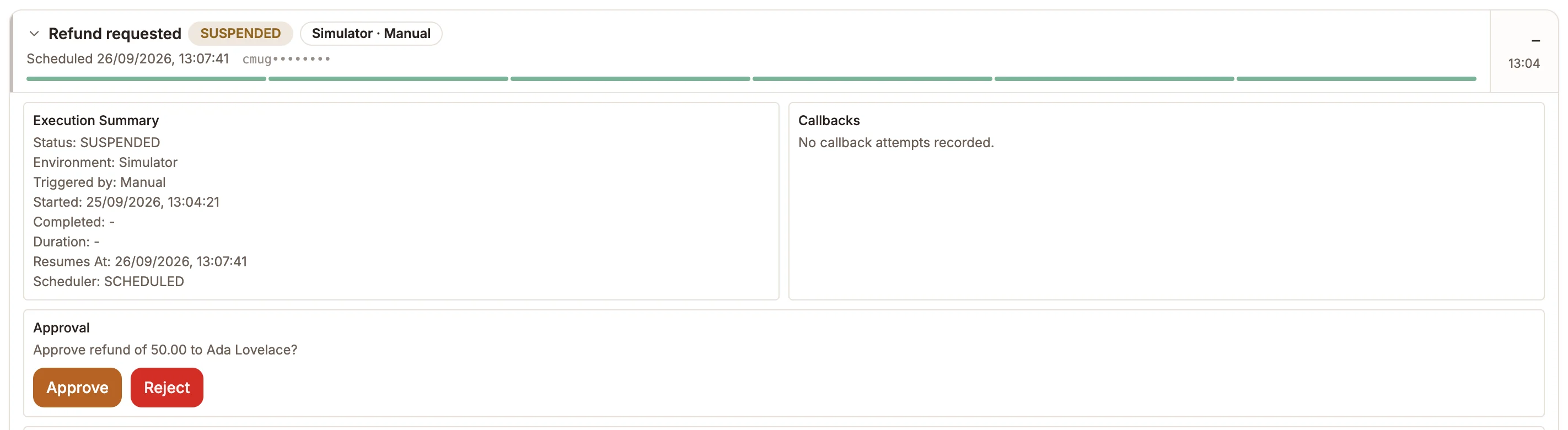 A waiting run opened in the Activity tab, with the approval message and Approve and Reject buttons