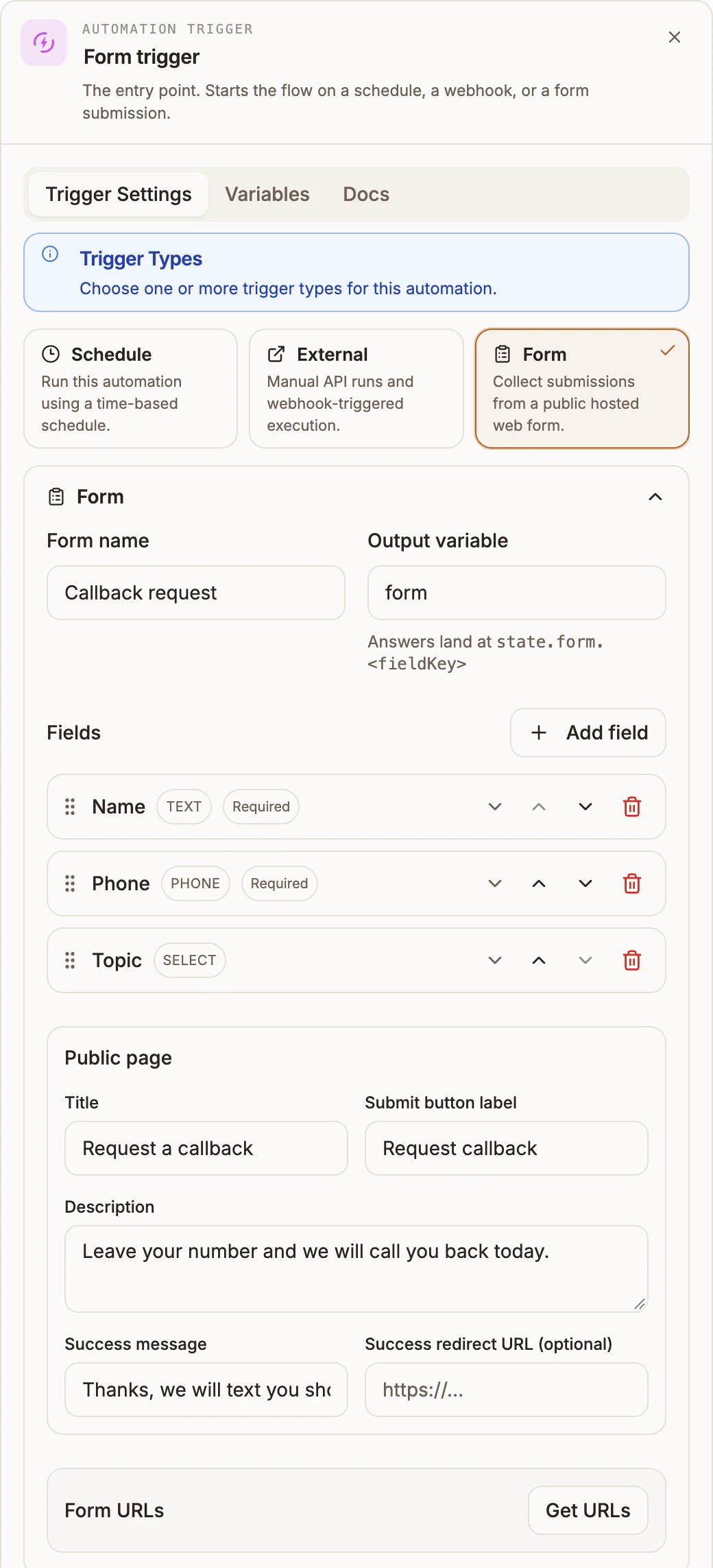 The Form trigger settings showing the form name, output variable, a list of fields and the Public page section